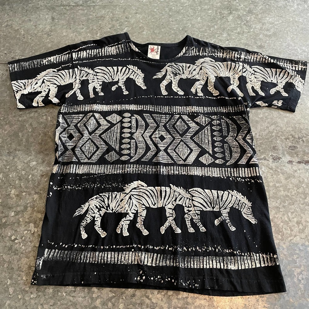 Vintage Zebra All Over Print Shirt Mens Large One Size EZL Tribal AOP USA Black